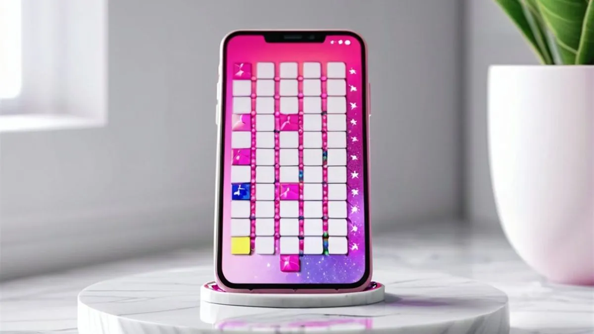 Celular rosa sobre una base de mármol blanco con una cuadrícula de iconos junto a una planta